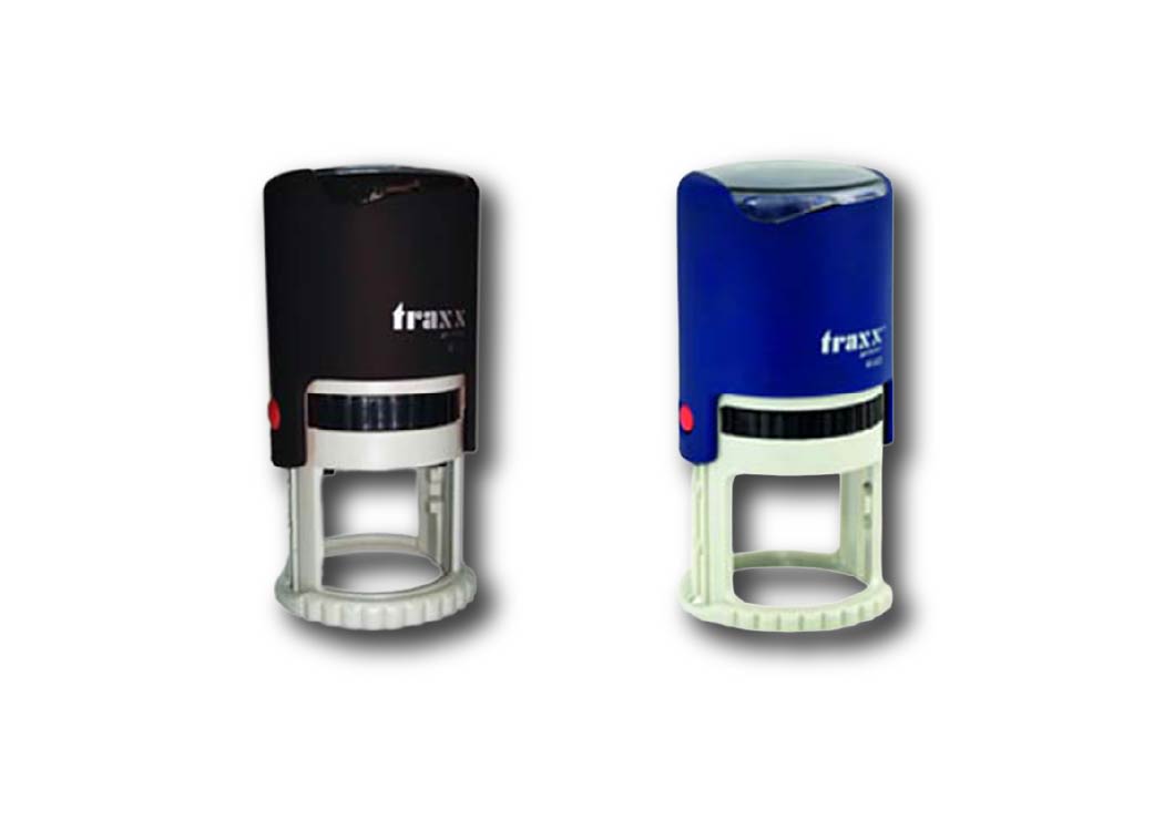 SELLO PLASTICO AUTOMATICO REDONDO 40mm PERSONALIZABLE GRIS/AZUL